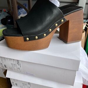 Black Faux Leather Platform Mules with Wooden Heel Size 8.5